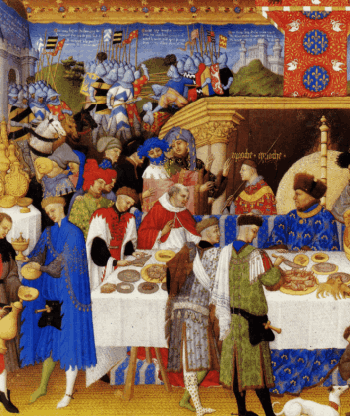 Ilustración medieval con nobles disfrutando de un festín en primer plano, mientras una batalla se desarrolla al fondo.